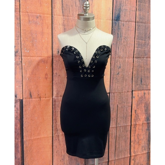 Forever 21 Women's Black Strapless Deep V-neck Pencil Bodycon Mini Dress size S - Picture 6 of 8